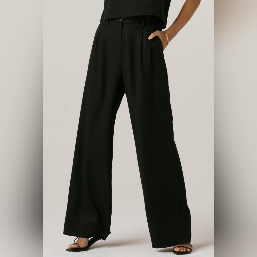 Vetta Black Pleated Wide-Leg Trousers